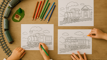 Widok na stół z kolorowankami, kredkami i modelem pociągu