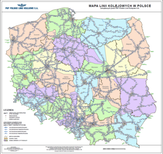 Mapa linii kolejowych w Polsce zarządzanych przez PKP Polskie Linie Kolejowe S.A.