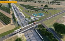 Wstępna wizualizacja stacji Biała Rawska przedstawia usytuowanie nowych peronów na Centralnej Magistrali Kolejowej w pobliżu wiaduktu nad czterema torami na drodze wojewódzkiej nr 725. Na wizualizacji znajdują się perony, pociąg na torach, kładka dla pieszych nad torami, wiadukt drogowy, parking dla samochodów.