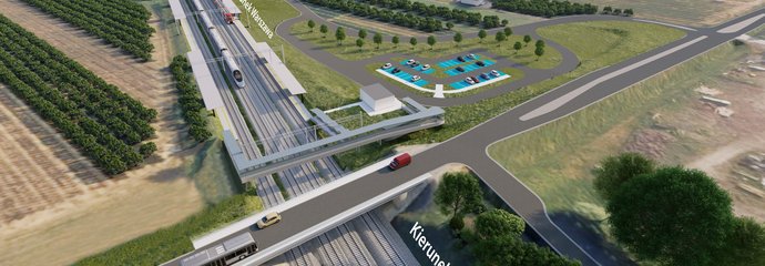 Wstępna wizualizacja stacji Biała Rawska przedstawia usytuowanie nowych peronów na Centralnej Magistrali Kolejowej w pobliżu wiaduktu nad czterema torami na drodze wojewódzkiej nr 725. Na wizualizacji znajdują się perony, pociąg na torach, kładka dla pieszych nad torami, wiadukt drogowy, parking dla samochodów.