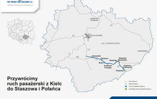 Mapa województwa świętokrzyskiego przedstawiająca plan przywrócenia połączeń pasażerskich na trasie Kielce - Staszów - Połaniec wraz z lokalizacją stacji oraz nowych i zrewitalizowanych przystanków kolejowych.