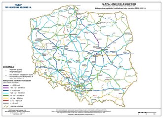 Mapa z maksymalnymi prędkościami rozkładowymi na liniach zarządzanych przez PKP Polskie Linie Kolejowe S.A.