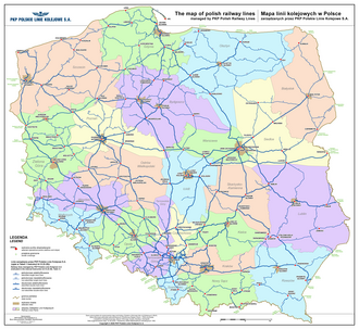 Mapa poglądowa linii kolejowych w Polsce zarządzanych przez PKP Polskie Linie Kolejowe S.A.
